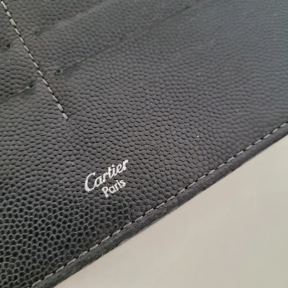 Cartier Santos Bifold Card Holder Checkbook Black Wallet Long Grain Leather